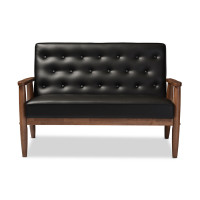 Baxton Studio BBT8013-Black Loveseat Sorrento Mid-century Retro Black Leather Wooden 2-seater Loveseat